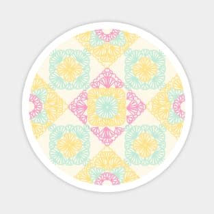 Pink, yellow and turquoise granny squares over cream Magnet